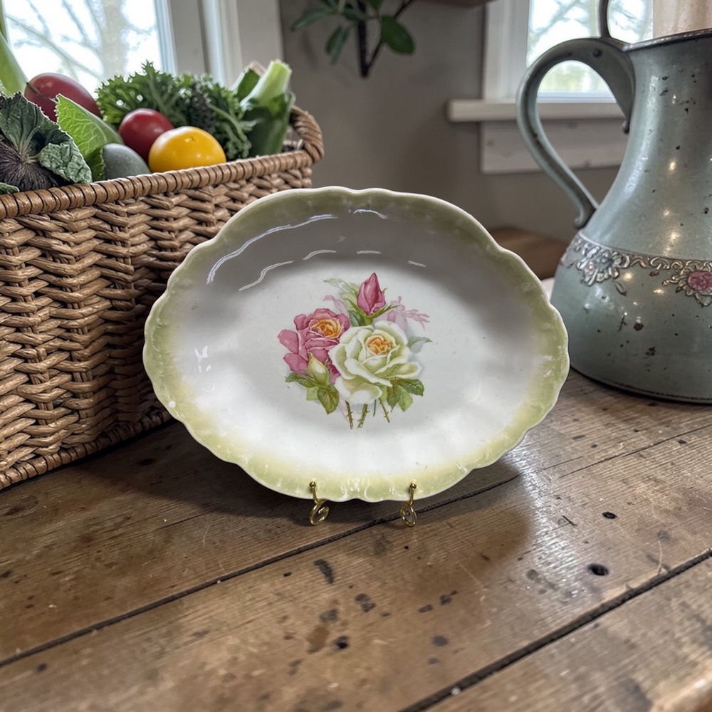 Scalloped-edge oval vintage porcelain pink & green plate with hand-painted roses